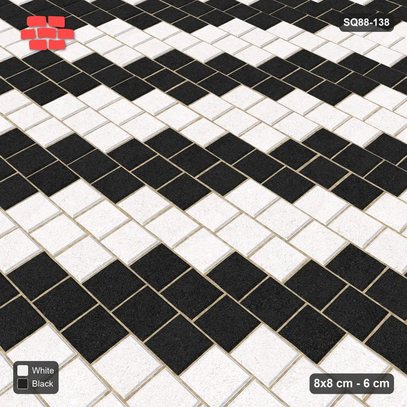 Interlock (Pasco) 8x8 cm · SQ88-138 · Third-Offset Running Bond Two-Tone Diagonal Steps 3-Cobble in Kerb Frame · Side view Interlock (Pasco) 8x8 cm · SQ88-138 · Third-Offset Running Bond Two-Tone Diagonal Steps 3-Cobble in Kerb Frame · Side view