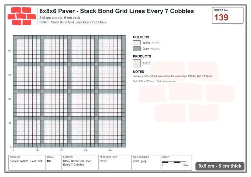 Interlock (Pasco) 8x8 cm · SQ88-139 · Stack Bond Grid Lines Every 7 Cobbles · Laying plan Interlock (Pasco) 8x8 cm · SQ88-139 · Stack Bond Grid Lines Every 7 Cobbles · Laying plan