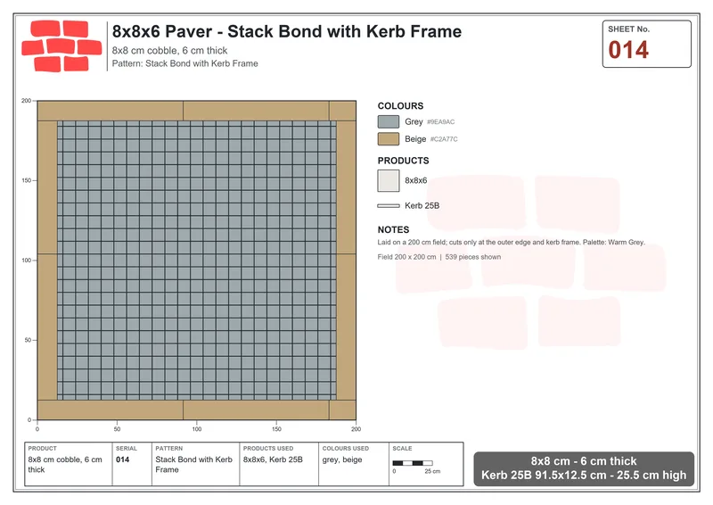 Interlock (Pasco) 8x8 cm · SQ88-14 · Stack Bond with Kerb Frame · Laying plan Interlock (Pasco) 8x8 cm · SQ88-14 · Stack Bond with Kerb Frame · Laying plan