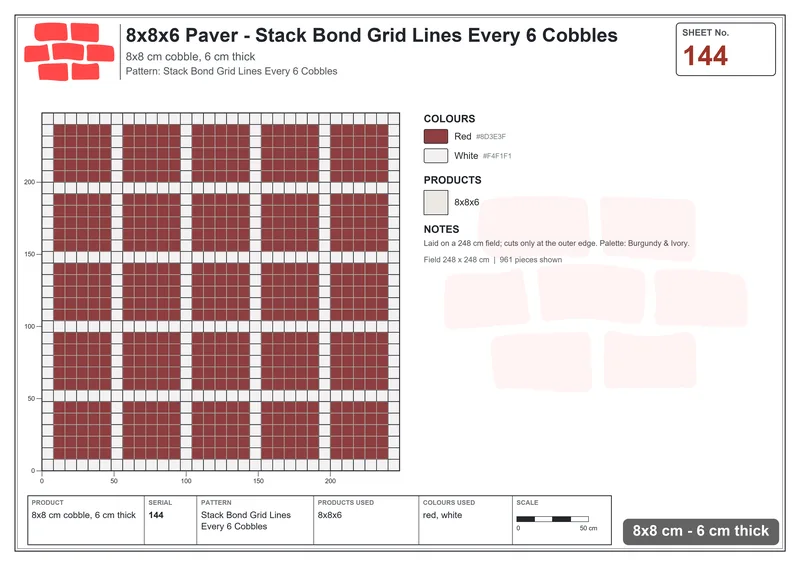 Interlock (Pasco) 8x8 cm · SQ88-144 · Stack Bond Grid Lines Every 6 Cobbles · Laying plan Interlock (Pasco) 8x8 cm · SQ88-144 · Stack Bond Grid Lines Every 6 Cobbles · Laying plan