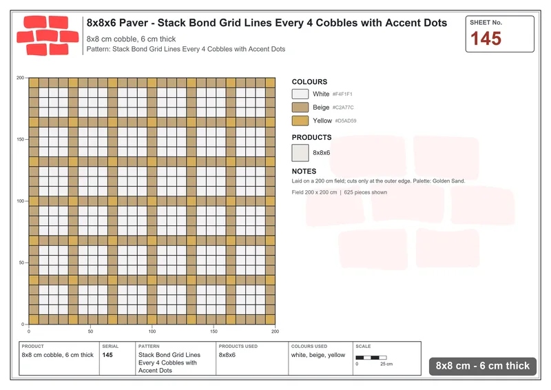 Interlock (Pasco) 8x8 cm · SQ88-145 · Stack Bond Grid Lines Every 4 Cobbles with Accent Dots · Laying plan Interlock (Pasco) 8x8 cm · SQ88-145 · Stack Bond Grid Lines Every 4 Cobbles with Accent Dots · Laying plan