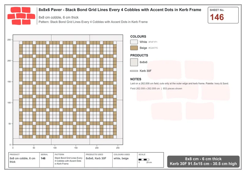 Interlock (Pasco) 8x8 cm · SQ88-146 · Stack Bond Grid Lines Every 4 Cobbles with Accent Dots in Kerb Frame · Laying plan Interlock (Pasco) 8x8 cm · SQ88-146 · Stack Bond Grid Lines Every 4 Cobbles with Accent Dots in Kerb Frame · Laying plan