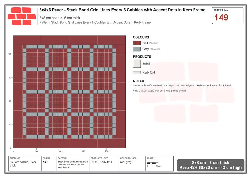 Interlock (Pasco) 8x8 cm · SQ88-149 · Stack Bond Grid Lines Every 6 Cobbles with Accent Dots in Kerb Frame · Laying plan Interlock (Pasco) 8x8 cm · SQ88-149 · Stack Bond Grid Lines Every 6 Cobbles with Accent Dots in Kerb Frame · Laying plan