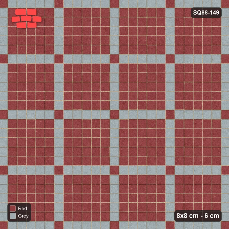 Interlock (Pasco) 8x8 cm · SQ88-149 · Stack Bond Grid Lines Every 6 Cobbles with Accent Dots in Kerb Frame · Top view Interlock (Pasco) 8x8 cm · SQ88-149 · Stack Bond Grid Lines Every 6 Cobbles with Accent Dots in Kerb Frame · Top view