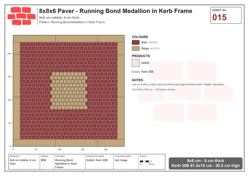 Interlock (Pasco) 8x8 cm · SQ88-15 · Running Bond Medallion in Kerb Frame · Laying plan Interlock (Pasco) 8x8 cm · SQ88-15 · Running Bond Medallion in Kerb Frame · Laying plan
