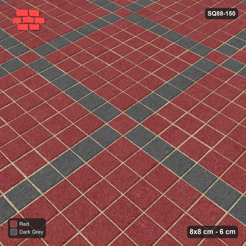 Interlock (Pasco) 8x8 cm · SQ88-150 · Stack Bond Grid Lines Every 7 Cobbles with Accent Dots · Side view Interlock (Pasco) 8x8 cm · SQ88-150 · Stack Bond Grid Lines Every 7 Cobbles with Accent Dots · Side view