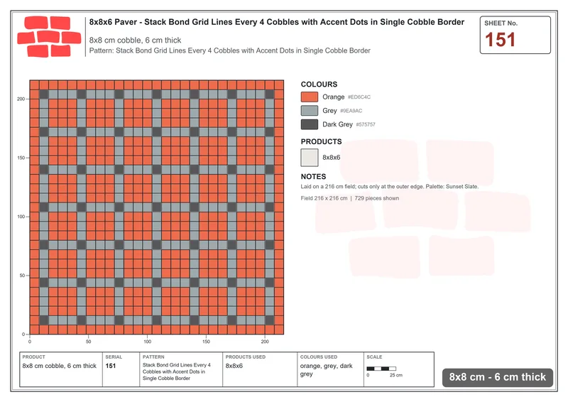 Interlock (Pasco) 8x8 cm · SQ88-151 · Stack Bond Grid Lines Every 4 Cobbles with Accent Dots in Single Cobble Border · Laying plan Interlock (Pasco) 8x8 cm · SQ88-151 · Stack Bond Grid Lines Every 4 Cobbles with Accent Dots in Single Cobble Border · Laying plan