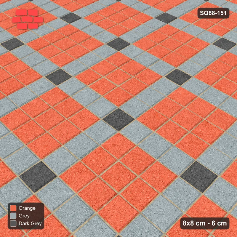 Interlock (Pasco) 8x8 cm · SQ88-151 · Stack Bond Grid Lines Every 4 Cobbles with Accent Dots in Single Cobble Border · Side view Interlock (Pasco) 8x8 cm · SQ88-151 · Stack Bond Grid Lines Every 4 Cobbles with Accent Dots in Single Cobble Border · Side view