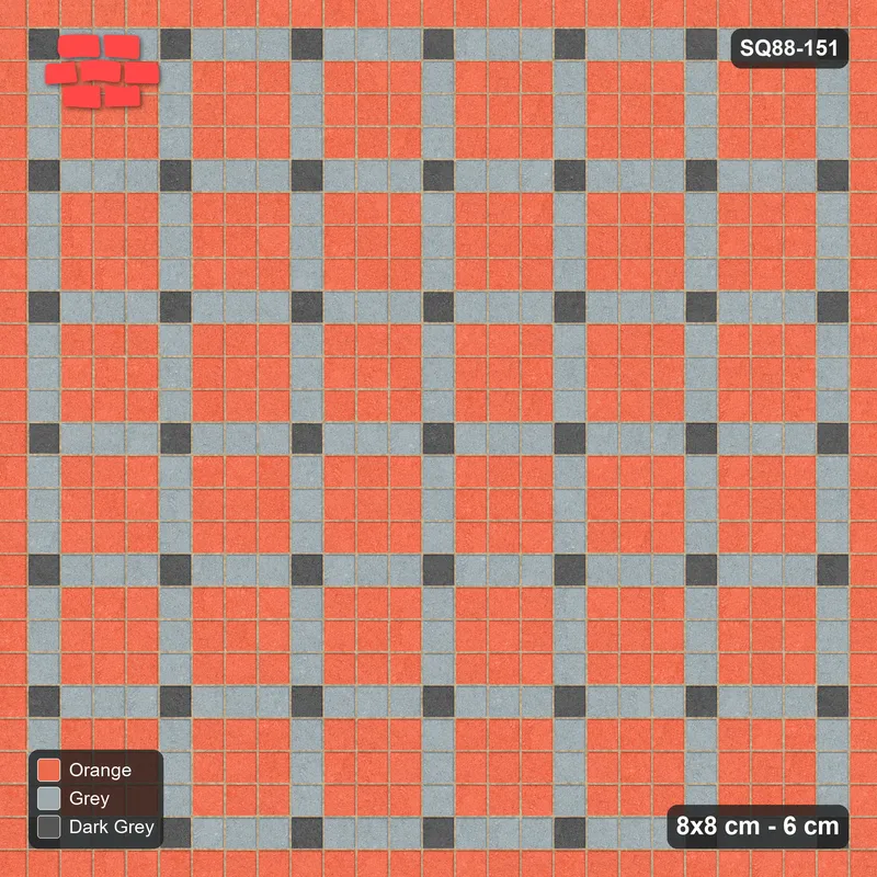 Interlock (Pasco) 8x8 cm · SQ88-151 · Stack Bond Grid Lines Every 4 Cobbles with Accent Dots in Single Cobble Border · Top view Interlock (Pasco) 8x8 cm · SQ88-151 · Stack Bond Grid Lines Every 4 Cobbles with Accent Dots in Single Cobble Border · Top view