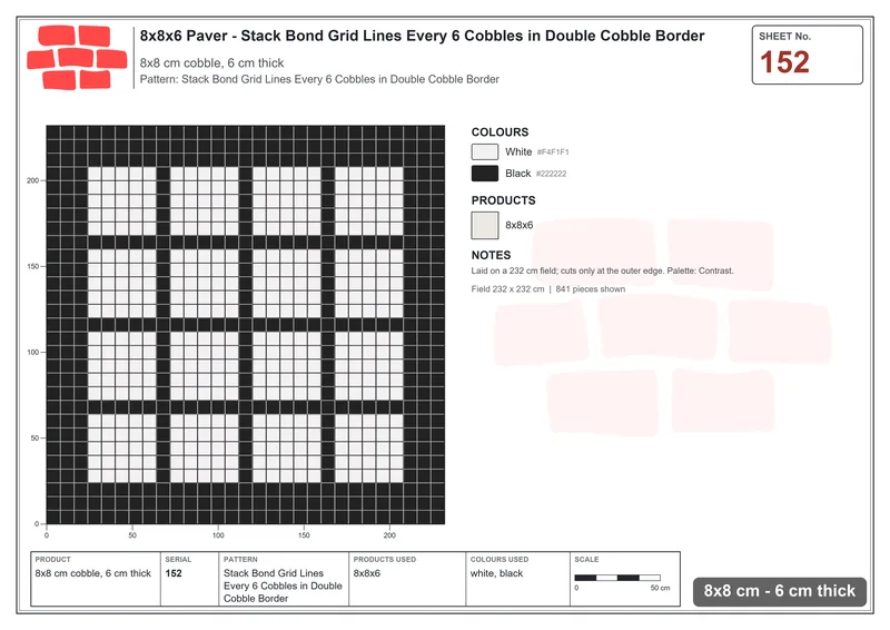 Interlock (Pasco) 8x8 cm · SQ88-152 · Stack Bond Grid Lines Every 6 Cobbles in Double Cobble Border · Laying plan Interlock (Pasco) 8x8 cm · SQ88-152 · Stack Bond Grid Lines Every 6 Cobbles in Double Cobble Border · Laying plan