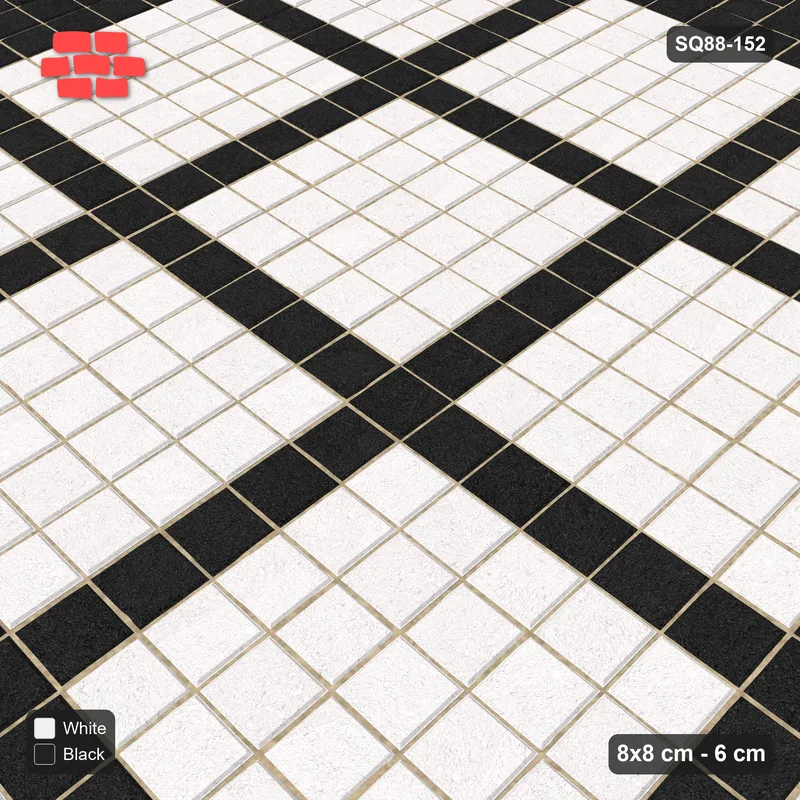 Interlock (Pasco) 8x8 cm · SQ88-152 · Stack Bond Grid Lines Every 6 Cobbles in Double Cobble Border · Side view Interlock (Pasco) 8x8 cm · SQ88-152 · Stack Bond Grid Lines Every 6 Cobbles in Double Cobble Border · Side view