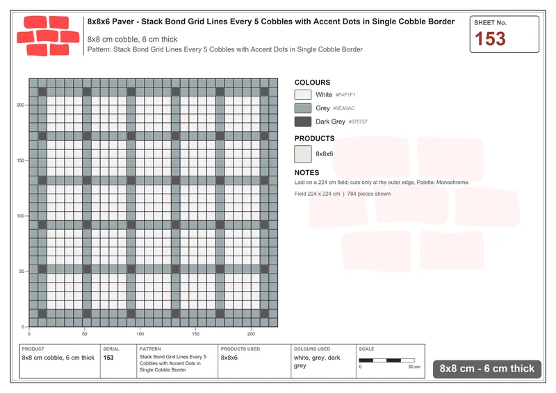 Interlock (Pasco) 8x8 cm · SQ88-153 · Stack Bond Grid Lines Every 5 Cobbles with Accent Dots in Single Cobble Border · Laying plan Interlock (Pasco) 8x8 cm · SQ88-153 · Stack Bond Grid Lines Every 5 Cobbles with Accent Dots in Single Cobble Border · Laying plan