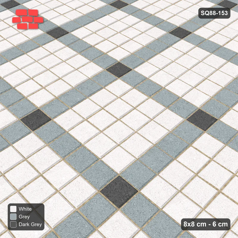 Interlock (Pasco) 8x8 cm · SQ88-153 · Stack Bond Grid Lines Every 5 Cobbles with Accent Dots in Single Cobble Border · Side view Interlock (Pasco) 8x8 cm · SQ88-153 · Stack Bond Grid Lines Every 5 Cobbles with Accent Dots in Single Cobble Border · Side view