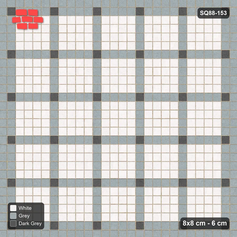 Interlock (Pasco) 8x8 cm · SQ88-153 · Stack Bond Grid Lines Every 5 Cobbles with Accent Dots in Single Cobble Border · Top view Interlock (Pasco) 8x8 cm · SQ88-153 · Stack Bond Grid Lines Every 5 Cobbles with Accent Dots in Single Cobble Border · Top view
