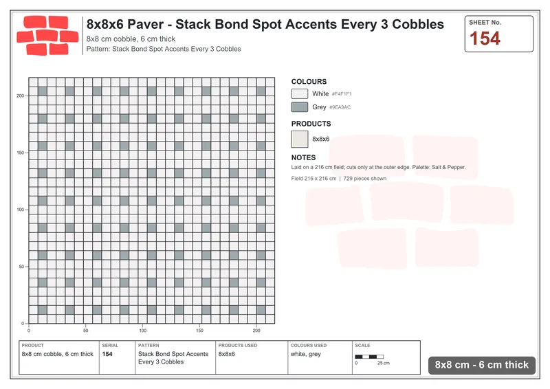 Interlock (Pasco) 8x8 cm · SQ88-154 · Stack Bond Spot Accents Every 3 Cobbles · Laying plan Interlock (Pasco) 8x8 cm · SQ88-154 · Stack Bond Spot Accents Every 3 Cobbles · Laying plan