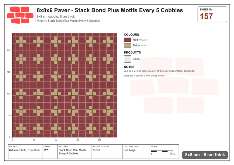 Interlock (Pasco) 8x8 cm · SQ88-157 · Stack Bond Plus Motifs Every 5 Cobbles · Laying plan Interlock (Pasco) 8x8 cm · SQ88-157 · Stack Bond Plus Motifs Every 5 Cobbles · Laying plan