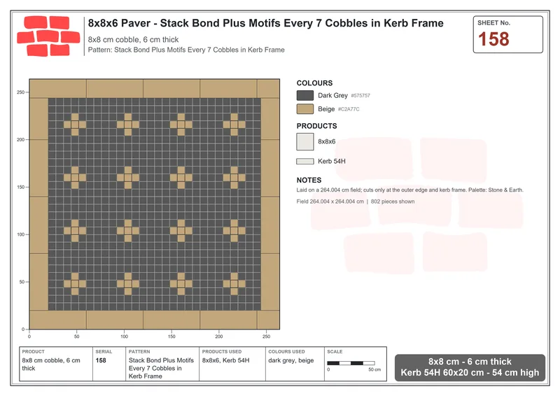 Interlock (Pasco) 8x8 cm · SQ88-158 · Stack Bond Plus Motifs Every 7 Cobbles in Kerb Frame · Laying plan Interlock (Pasco) 8x8 cm · SQ88-158 · Stack Bond Plus Motifs Every 7 Cobbles in Kerb Frame · Laying plan