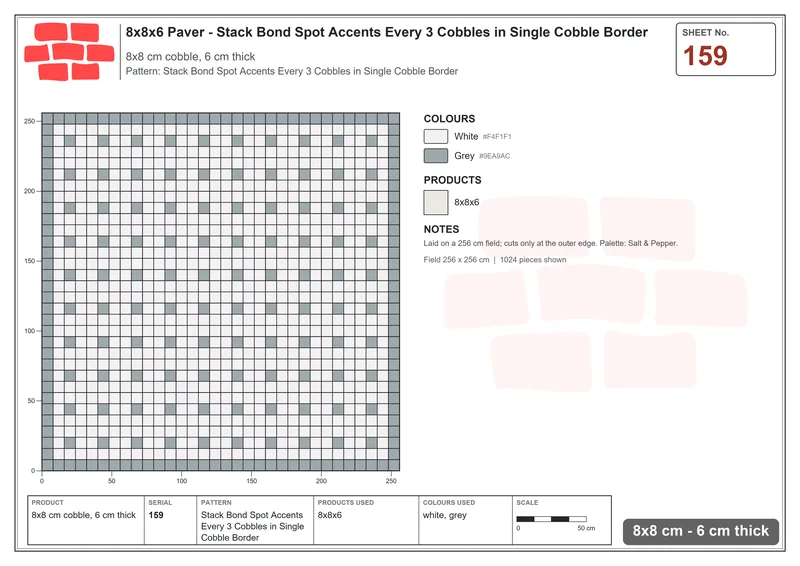 Interlock (Pasco) 8x8 cm · SQ88-159 · Stack Bond Spot Accents Every 3 Cobbles in Single Cobble Border · Laying plan Interlock (Pasco) 8x8 cm · SQ88-159 · Stack Bond Spot Accents Every 3 Cobbles in Single Cobble Border · Laying plan