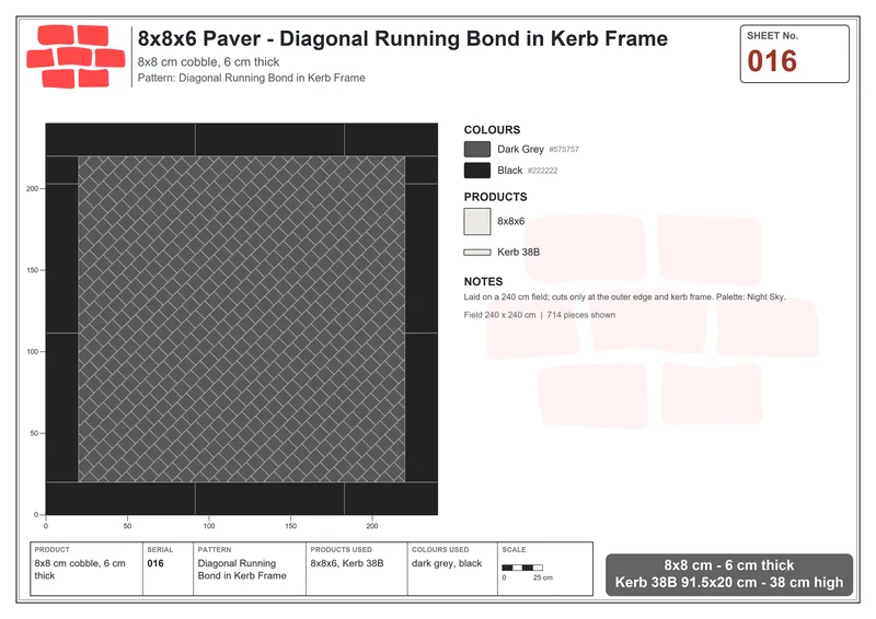 Interlock (Pasco) 8x8 cm · SQ88-16 · Diagonal Running Bond in Kerb Frame · Laying plan Interlock (Pasco) 8x8 cm · SQ88-16 · Diagonal Running Bond in Kerb Frame · Laying plan