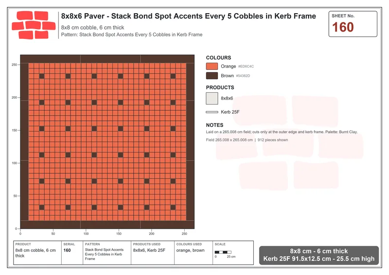 Interlock (Pasco) 8x8 cm · SQ88-160 · Stack Bond Spot Accents Every 5 Cobbles in Kerb Frame · Laying plan Interlock (Pasco) 8x8 cm · SQ88-160 · Stack Bond Spot Accents Every 5 Cobbles in Kerb Frame · Laying plan