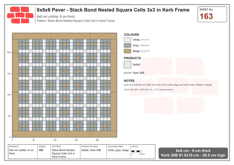 Interlock (Pasco) 8x8 cm · SQ88-163 · Stack Bond Nested Square Cells 3x3 in Kerb Frame · Laying plan Interlock (Pasco) 8x8 cm · SQ88-163 · Stack Bond Nested Square Cells 3x3 in Kerb Frame · Laying plan