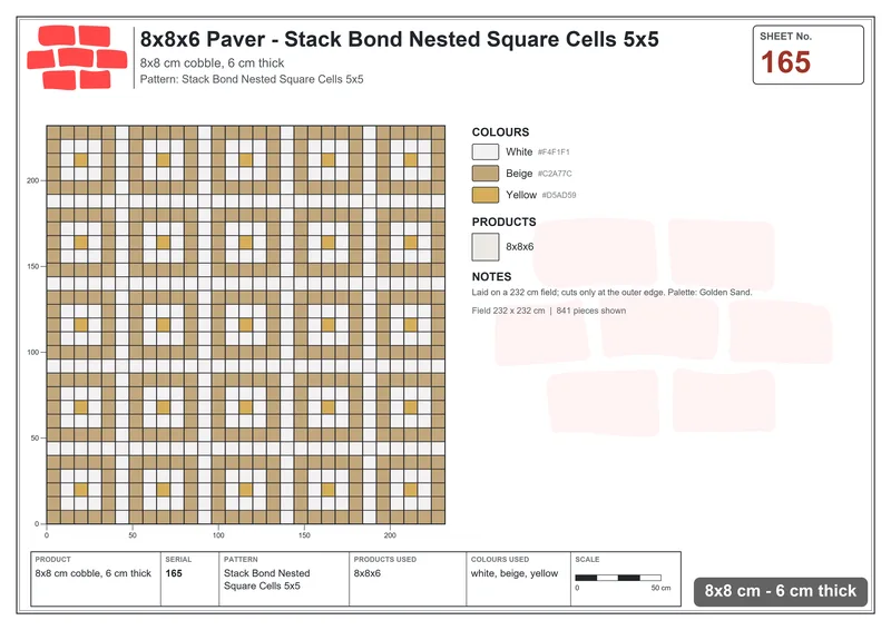 Interlock (Pasco) 8x8 cm · SQ88-165 · Stack Bond Nested Square Cells 5x5 · Laying plan Interlock (Pasco) 8x8 cm · SQ88-165 · Stack Bond Nested Square Cells 5x5 · Laying plan