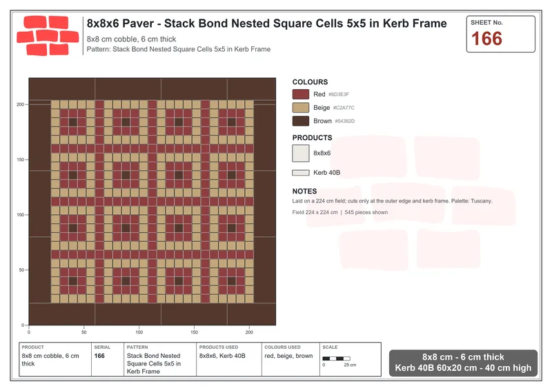 Interlock (Pasco) 8x8 cm · SQ88-166 · Stack Bond Nested Square Cells 5x5 in Kerb Frame · Laying plan Interlock (Pasco) 8x8 cm · SQ88-166 · Stack Bond Nested Square Cells 5x5 in Kerb Frame · Laying plan