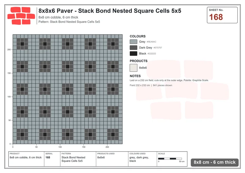Interlock (Pasco) 8x8 cm · SQ88-168 · Stack Bond Nested Square Cells 5x5 · Laying plan Interlock (Pasco) 8x8 cm · SQ88-168 · Stack Bond Nested Square Cells 5x5 · Laying plan