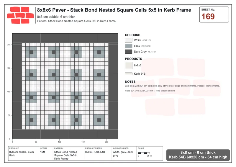 Interlock (Pasco) 8x8 cm · SQ88-169 · Stack Bond Nested Square Cells 5x5 in Kerb Frame · Laying plan Interlock (Pasco) 8x8 cm · SQ88-169 · Stack Bond Nested Square Cells 5x5 in Kerb Frame · Laying plan