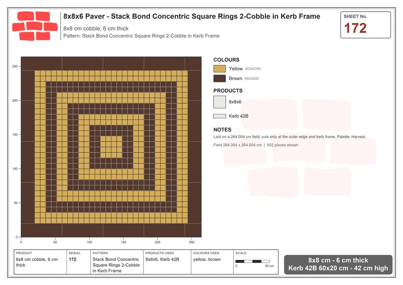 Interlock (Pasco) 8x8 cm · SQ88-172 · Stack Bond Concentric Square Rings 2-Cobble in Kerb Frame · Laying plan Interlock (Pasco) 8x8 cm · SQ88-172 · Stack Bond Concentric Square Rings 2-Cobble in Kerb Frame · Laying plan