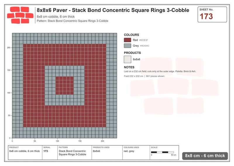 Interlock (Pasco) 8x8 cm · SQ88-173 · Stack Bond Concentric Square Rings 3-Cobble · Laying plan Interlock (Pasco) 8x8 cm · SQ88-173 · Stack Bond Concentric Square Rings 3-Cobble · Laying plan
