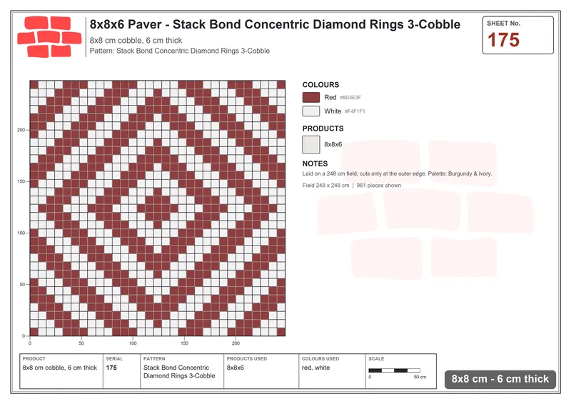 Interlock (Pasco) 8x8 cm · SQ88-175 · Stack Bond Concentric Diamond Rings 3-Cobble · Laying plan Interlock (Pasco) 8x8 cm · SQ88-175 · Stack Bond Concentric Diamond Rings 3-Cobble · Laying plan