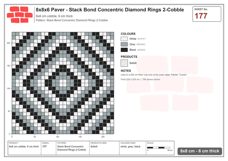 Interlock (Pasco) 8x8 cm · SQ88-177 · Stack Bond Concentric Diamond Rings 2-Cobble · Laying plan Interlock (Pasco) 8x8 cm · SQ88-177 · Stack Bond Concentric Diamond Rings 2-Cobble · Laying plan