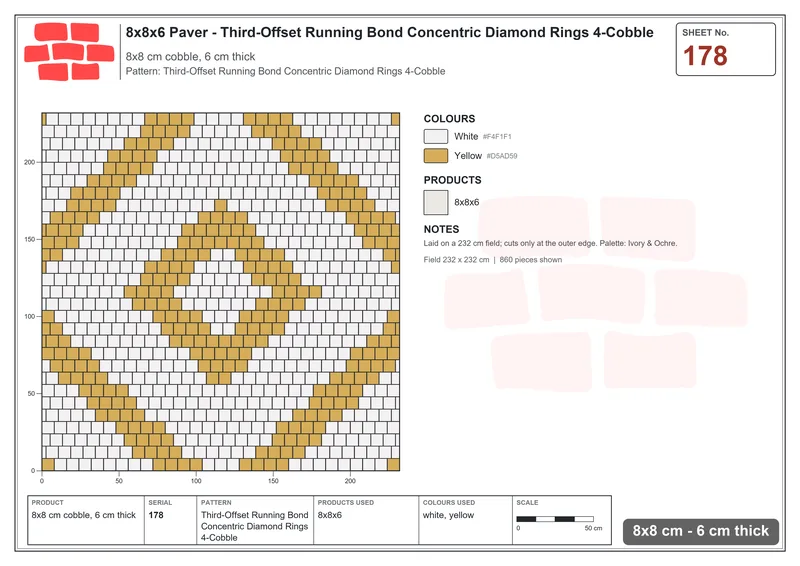 Interlock (Pasco) 8x8 cm · SQ88-178 · Third-Offset Running Bond Concentric Diamond Rings 4-Cobble · Laying plan Interlock (Pasco) 8x8 cm · SQ88-178 · Third-Offset Running Bond Concentric Diamond Rings 4-Cobble · Laying plan