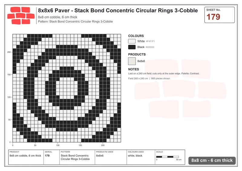 Interlock (Pasco) 8x8 cm · SQ88-179 · Stack Bond Concentric Circular Rings 3-Cobble · Laying plan Interlock (Pasco) 8x8 cm · SQ88-179 · Stack Bond Concentric Circular Rings 3-Cobble · Laying plan