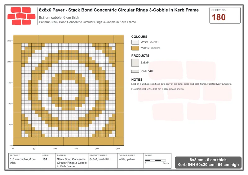 Interlock (Pasco) 8x8 cm · SQ88-180 · Stack Bond Concentric Circular Rings 3-Cobble in Kerb Frame · Laying plan Interlock (Pasco) 8x8 cm · SQ88-180 · Stack Bond Concentric Circular Rings 3-Cobble in Kerb Frame · Laying plan