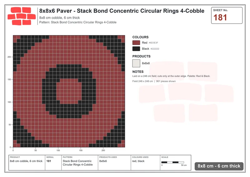 Interlock (Pasco) 8x8 cm · SQ88-181 · Stack Bond Concentric Circular Rings 4-Cobble · Laying plan Interlock (Pasco) 8x8 cm · SQ88-181 · Stack Bond Concentric Circular Rings 4-Cobble · Laying plan