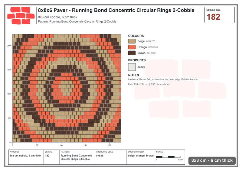 Interlock (Pasco) 8x8 cm · SQ88-182 · Running Bond Concentric Circular Rings 2-Cobble · Laying plan Interlock (Pasco) 8x8 cm · SQ88-182 · Running Bond Concentric Circular Rings 2-Cobble · Laying plan