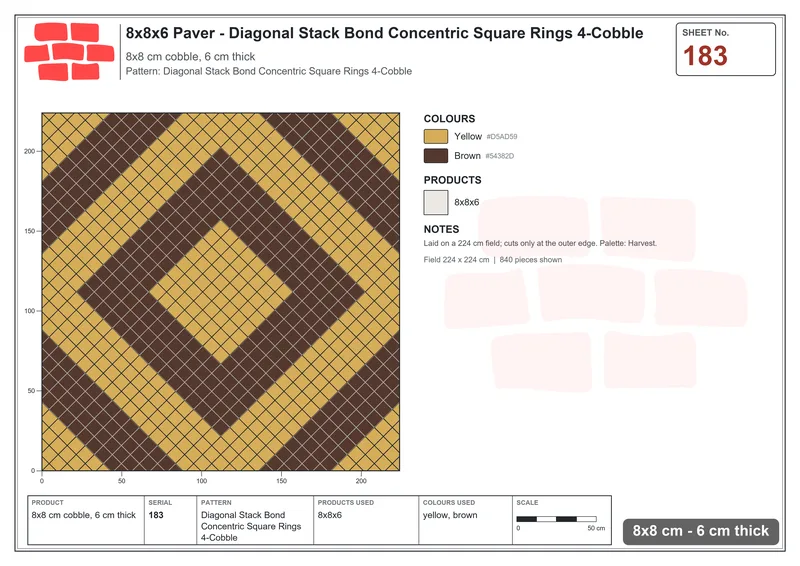 Interlock (Pasco) 8x8 cm · SQ88-183 · Diagonal Stack Bond Concentric Square Rings 4-Cobble · Laying plan Interlock (Pasco) 8x8 cm · SQ88-183 · Diagonal Stack Bond Concentric Square Rings 4-Cobble · Laying plan