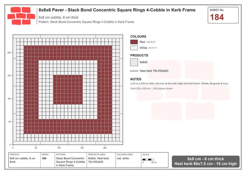 Interlock (Pasco) 8x8 cm · SQ88-184 · Stack Bond Concentric Square Rings 4-Cobble in Kerb Frame · Laying plan Interlock (Pasco) 8x8 cm · SQ88-184 · Stack Bond Concentric Square Rings 4-Cobble in Kerb Frame · Laying plan