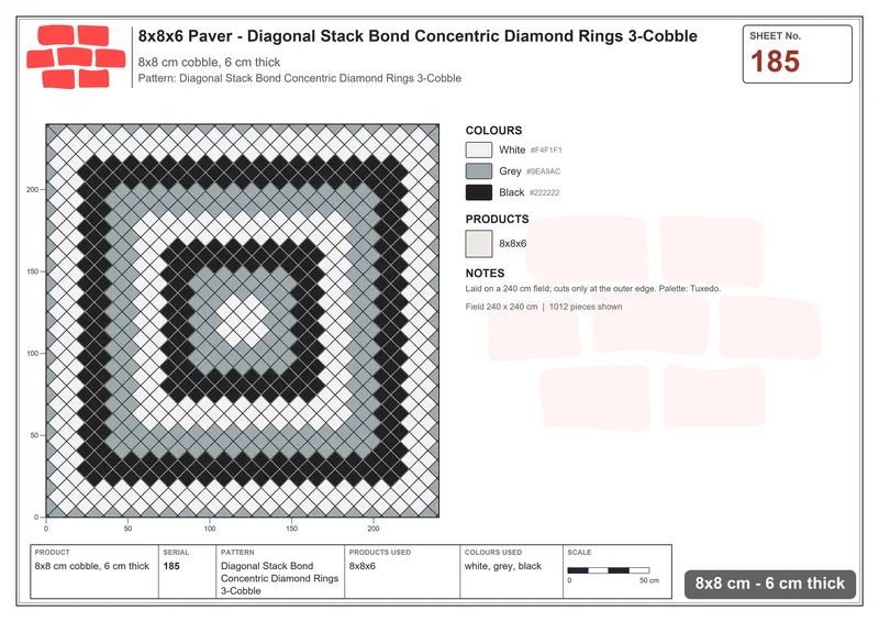 Interlock (Pasco) 8x8 cm · SQ88-185 · Diagonal Stack Bond Concentric Diamond Rings 3-Cobble · Laying plan Interlock (Pasco) 8x8 cm · SQ88-185 · Diagonal Stack Bond Concentric Diamond Rings 3-Cobble · Laying plan