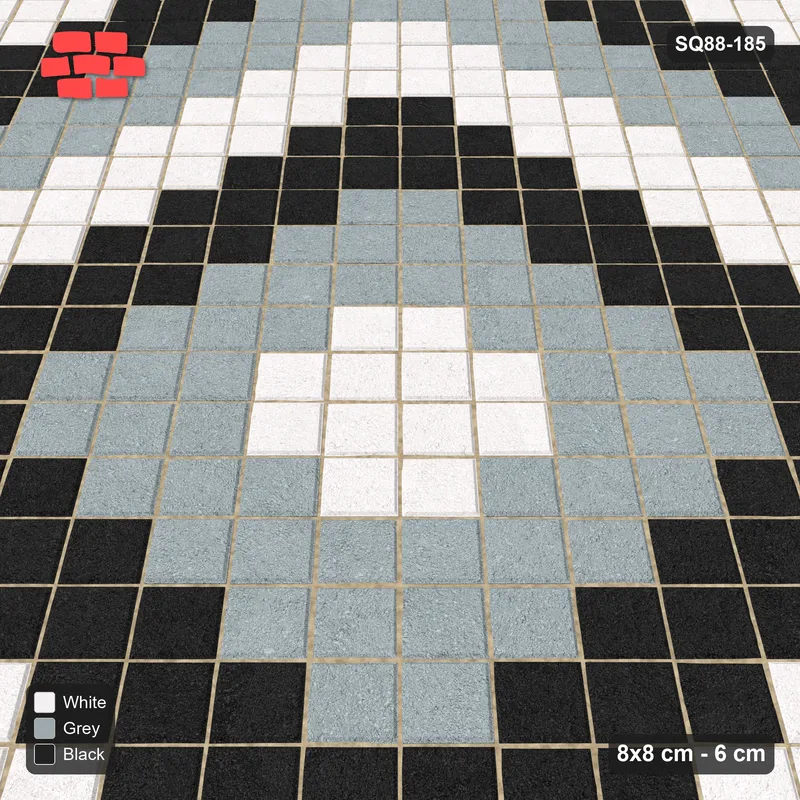 Interlock (Pasco) 8x8 cm · SQ88-185 · Diagonal Stack Bond Concentric Diamond Rings 3-Cobble · Side view Interlock (Pasco) 8x8 cm · SQ88-185 · Diagonal Stack Bond Concentric Diamond Rings 3-Cobble · Side view