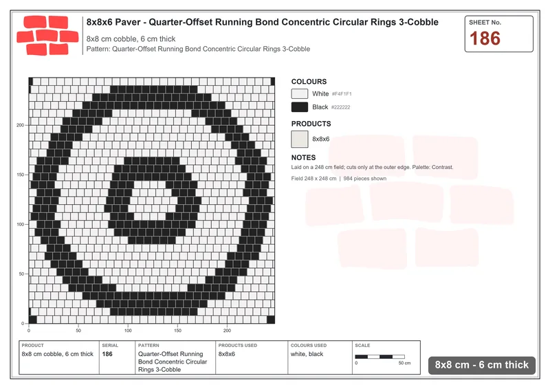 Interlock (Pasco) 8x8 cm · SQ88-186 · Quarter-Offset Running Bond Concentric Circular Rings 3-Cobble · Laying plan Interlock (Pasco) 8x8 cm · SQ88-186 · Quarter-Offset Running Bond Concentric Circular Rings 3-Cobble · Laying plan
