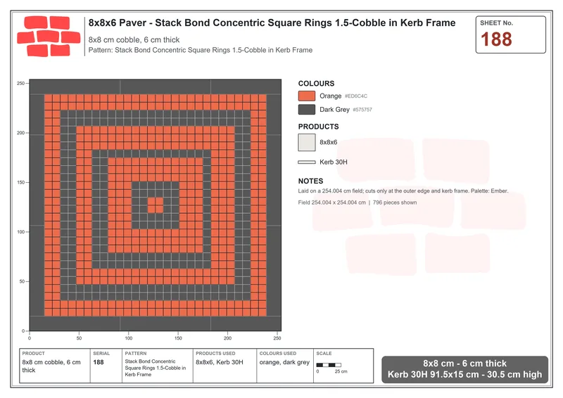 Interlock (Pasco) 8x8 cm · SQ88-188 · Stack Bond Concentric Square Rings 1.5-Cobble in Kerb Frame · Laying plan Interlock (Pasco) 8x8 cm · SQ88-188 · Stack Bond Concentric Square Rings 1.5-Cobble in Kerb Frame · Laying plan