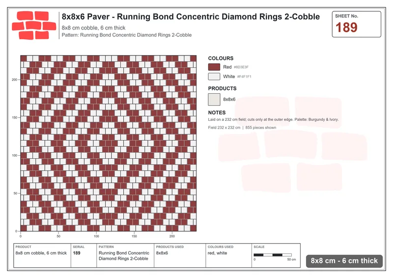 Interlock (Pasco) 8x8 cm · SQ88-189 · Running Bond Concentric Diamond Rings 2-Cobble · Laying plan Interlock (Pasco) 8x8 cm · SQ88-189 · Running Bond Concentric Diamond Rings 2-Cobble · Laying plan