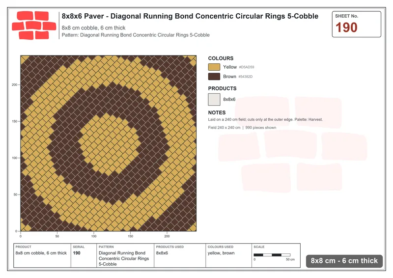 Interlock (Pasco) 8x8 cm · SQ88-190 · Diagonal Running Bond Concentric Circular Rings 5-Cobble · Laying plan Interlock (Pasco) 8x8 cm · SQ88-190 · Diagonal Running Bond Concentric Circular Rings 5-Cobble · Laying plan