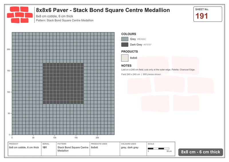 Interlock (Pasco) 8x8 cm · SQ88-191 · Stack Bond Square Centre Medallion · Laying plan Interlock (Pasco) 8x8 cm · SQ88-191 · Stack Bond Square Centre Medallion · Laying plan
