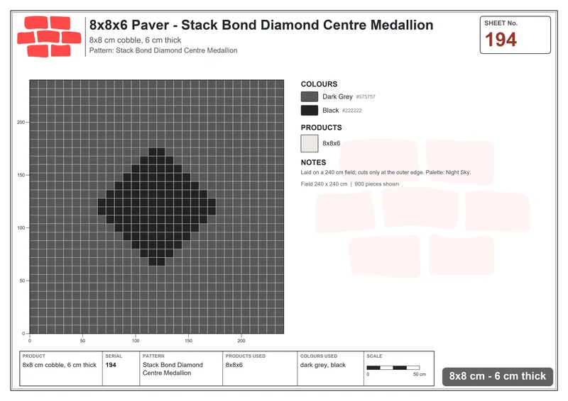 Interlock (Pasco) 8x8 cm · SQ88-194 · Stack Bond Diamond Centre Medallion · Laying plan Interlock (Pasco) 8x8 cm · SQ88-194 · Stack Bond Diamond Centre Medallion · Laying plan