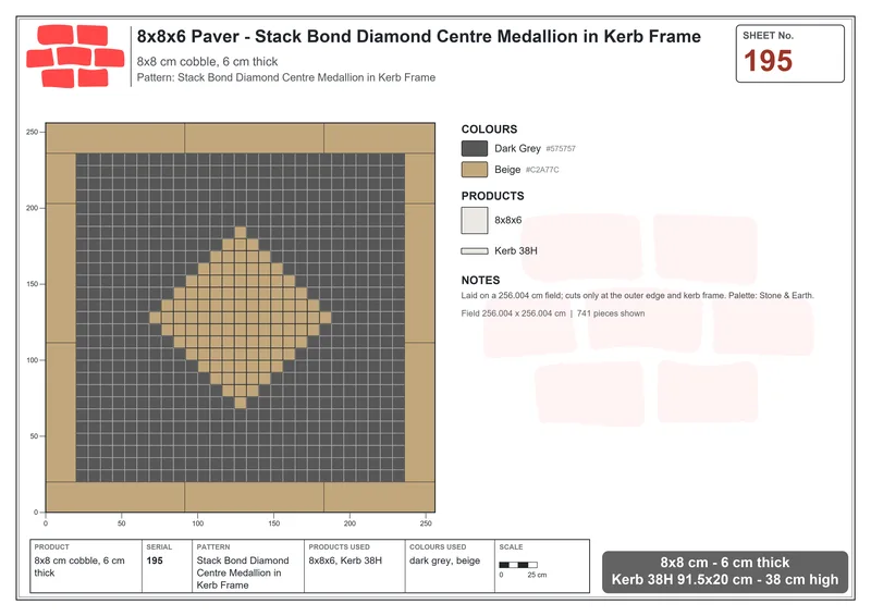 Interlock (Pasco) 8x8 cm · SQ88-195 · Stack Bond Diamond Centre Medallion in Kerb Frame · Laying plan Interlock (Pasco) 8x8 cm · SQ88-195 · Stack Bond Diamond Centre Medallion in Kerb Frame · Laying plan