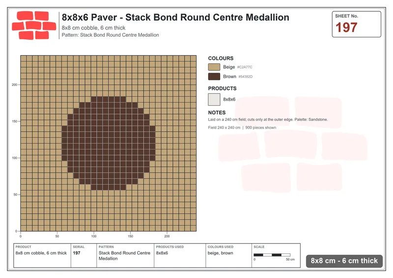Interlock (Pasco) 8x8 cm · SQ88-197 · Stack Bond Round Centre Medallion · Laying plan Interlock (Pasco) 8x8 cm · SQ88-197 · Stack Bond Round Centre Medallion · Laying plan